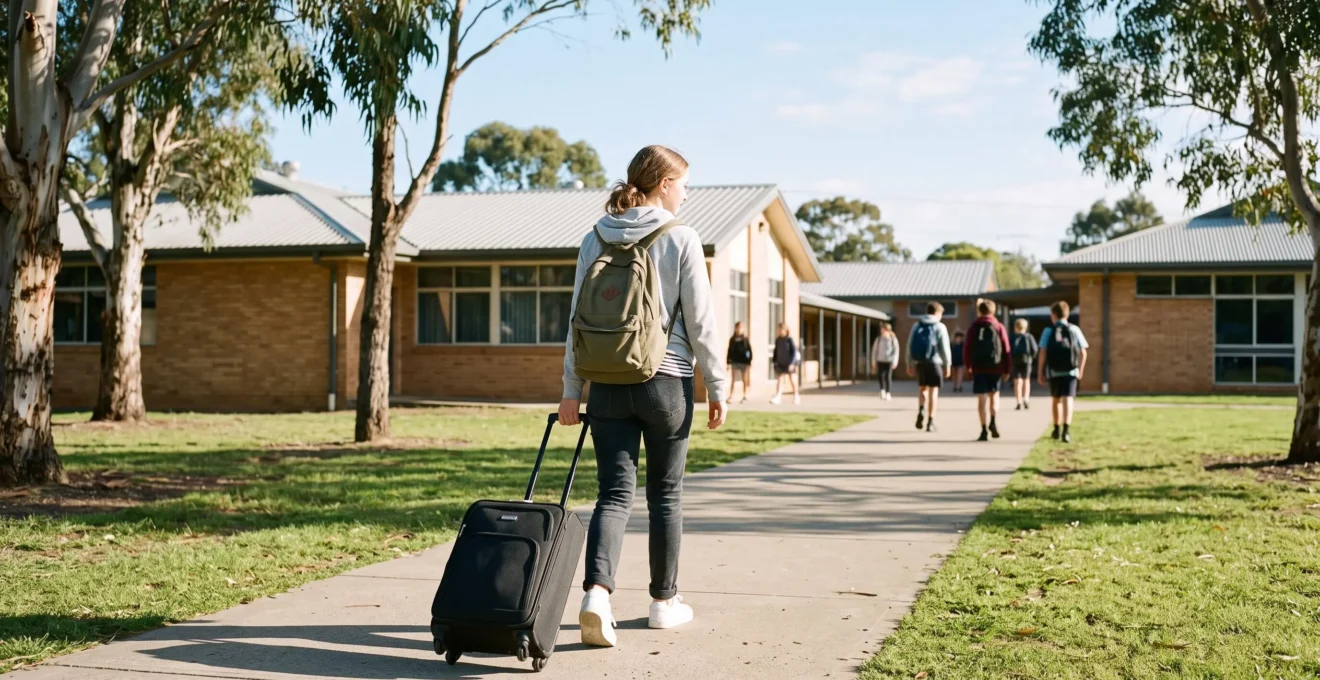 Un jeune étudiant en échange marche avec sa valise vers un lycée en Australie par une matinée ensoleillée.