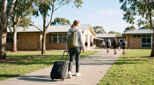 Un jeune étudiant en échange marche avec sa valise vers un lycée en Australie par une matinée ensoleillée.