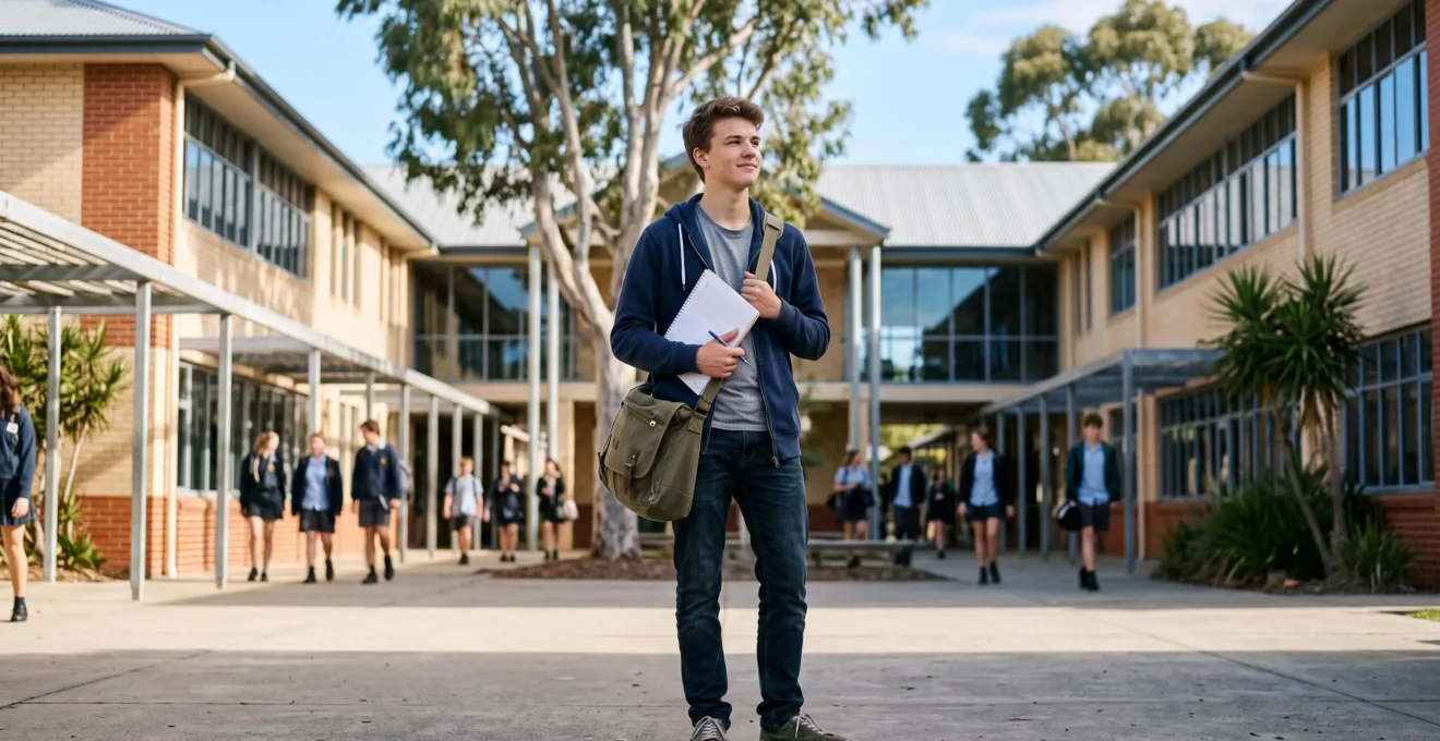 Un étudiant confiant se tient dans la cour d'un lycée australien, sac d'école sur l'épaule, regardant les bâtiments.
