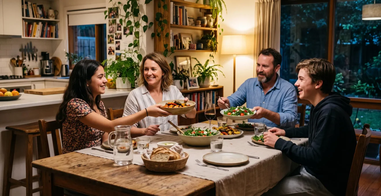 Un étudiant en échange partage le repas du soir avec sa famille d'accueil autour d'une table en bois.